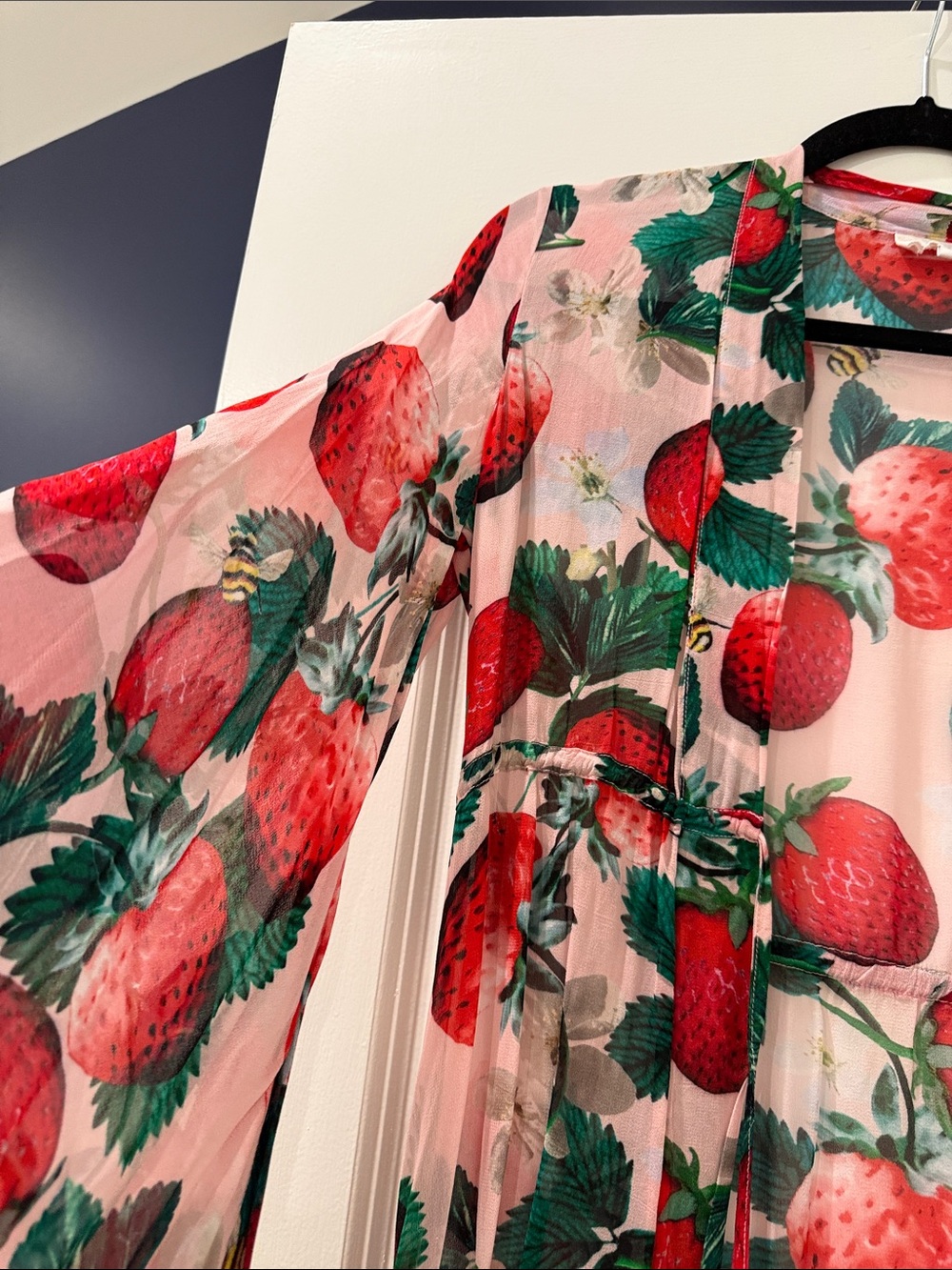 Sheer Strawberry-Print Long Kimono Tunic - Pink/Red - Picture 10 of 16